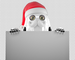 Robot Santa Claus holding a blank sign signboard. Isolated on white