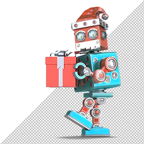 Robot Santa walking with a huge gift box