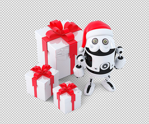 Cute Robot Santa Claus with gift boxes. Technology Christmas concept