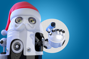 Robot Santa writes something with a pen. Technology Christmas concept