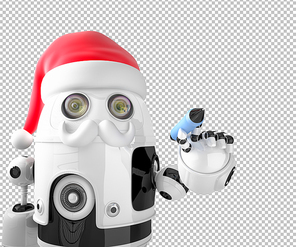 Robot Santa Claus writes something with a pen. Christmas concept