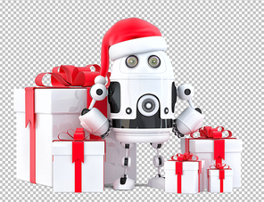 Robot Santa Claus with gift boxes. Christmas concept. Isolated