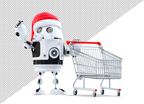 Robot Santa with shopping cart pointing at object. Isolated