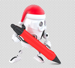 Robot Santa Claus write something with a pen. Isolated on white