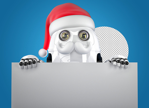 3d Robot Santa showing blank banner. Christmas concept