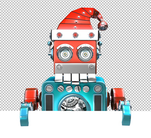 Retro Santa Robot looking out from behind the blank board