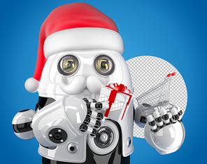 Robot Santa holding a shopping cart. Christmas concept