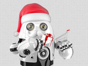 Robot Santa Claus with shopping cart and gift box. Christmas concept