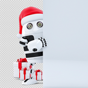 3d Robot Santa Claus holding blank banner. Christmas concept