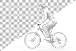 Side view of a man wearing medical protective face mask on a bicycle