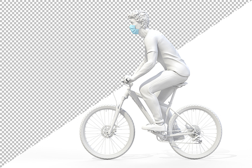Side view of a man wearing medical protective face mask on a bicycle