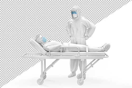Doctor in protective suit and sick patient on a gurney