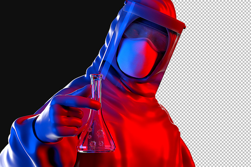 Scientist in mask, glasses and protective suit holding flask with virus moleculas