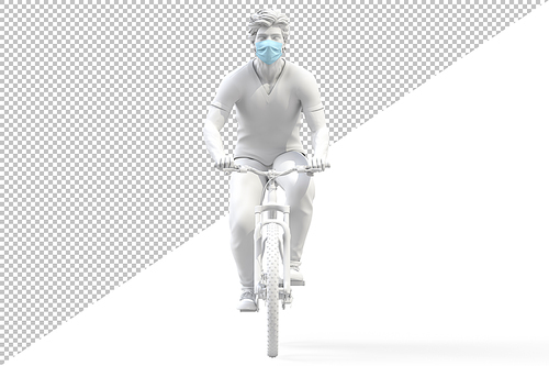 Front view of a man wearing medical protective face mask on a bicycle