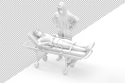 Paramedic in protective suite and patient on gurney. 3D illustration