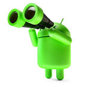 Green Android robot with binoculars. 3D illustration. Isolated. Contains clipping path