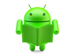 Google Android Robot with book. 3D illustration. Isolated. Contains clipping path