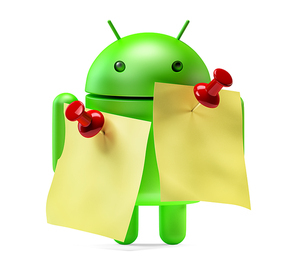 Green Android robot with memo notes. 3D illustration. Isolated. Contains clipping path