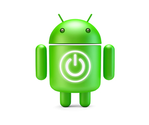 Google Android Robot with Power button. 3D illustration. Isolated. Contains clipping path