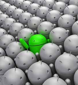 Green Android robot in the middle of grey crowd