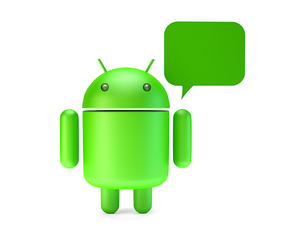 Green Android robot with chat bubble. 3D illustration. Isolated. Contains clipping path