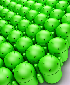 Crowd of green android robots. 3D illustration