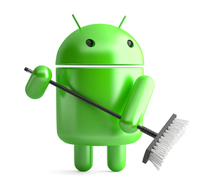 Android Robot with mop. 3D illustration. Isolated. Contains clipping path