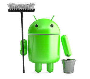 Android Robot. Cleaner with mop and bucket. 3D illustration. Isolated. Contains clipping path