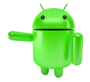 Android robot pointing at invisible object. 3D illustration. Isolated. Contains clipping path