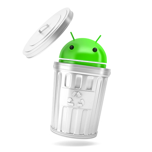 Android robot inside recycle bin. 3D illustration. Isolated. Contains clipping path