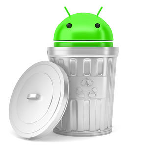 Android robot inside recycle bin. 3D illustration. Isolated. Contains clipping path