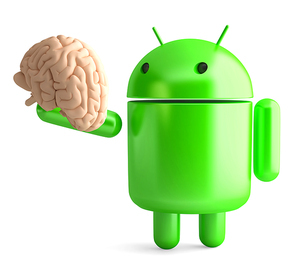 Android robot holding human brain. 3D illustration. Isolated. Contains clipping path