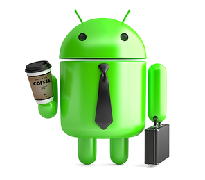 Android with coffee and briefcase. 3D illustration. Isolated. Contains clipping path