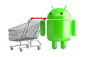 Android robot with shopping cart. 3D illustration. Isolated. Contains clipping path.