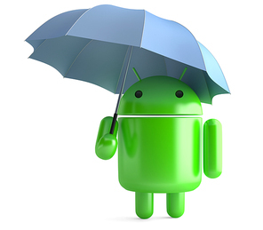 Android Robot with umbrella. 3D illustration. Isolated. Contains clipping path