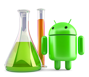 Android robot with laboratory glassware. 3D illustration. Isolated. Contains clipping path