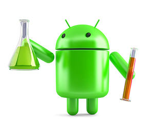 Android robot with laboratory glassware. 3D illustration. Isolated. Contains clipping path