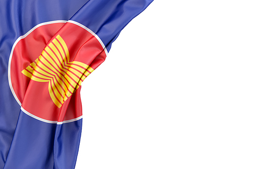 Flag of Association Of Southeast Asian Nations (ASEAN) in the corner on white background. Isolated, contains clipping path