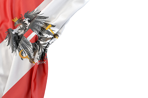 Flag of Austria with coat of arms in the corner on white background. Isolated, contains clipping path