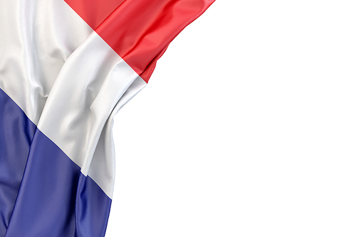 Flag of France in the corner on white background. Isolated, contains clipping path