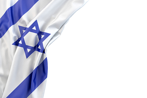 Flag of Israel in the corner on white background. Isolated, contains clipping path