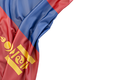 Flag of Mongolia in the corner on white background. Isolated, contains clipping path