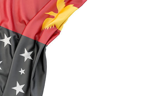 Flag of Papua New Guinea in the corner on white background. Isolated, contains clipping path