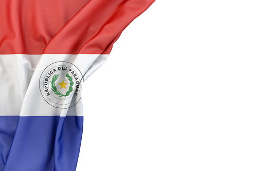 Flag of Paraguay in the corner on white background. Isolated, contains clipping path