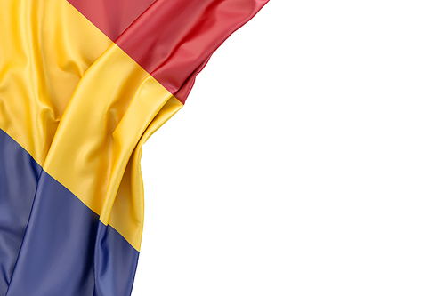 Flag of Romania in the corner on white background. Isolated, contains clipping path