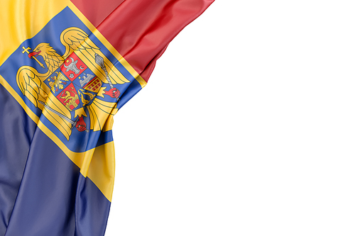 Flag of Romania with coat of arms in the corner on white background. Isolated, contains clipping path