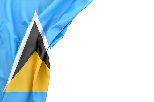 Flag of Saint Lucia and Nevis in the corner on white background. Isolated, contains clipping path