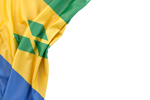 Flag of Saint Vincent and the Grenadines and Nevis in the corner on white background. Isolated, contains clipping path