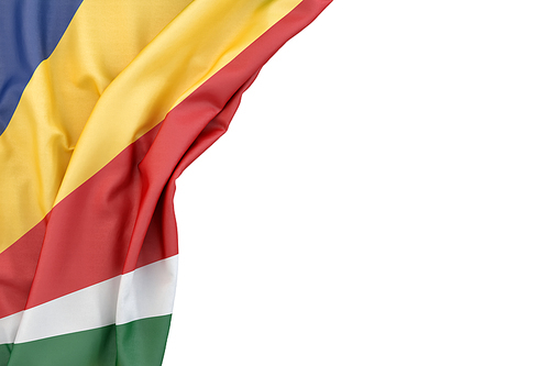 Flag of Seychelles in the corner on white background. Isolated, contains clipping path