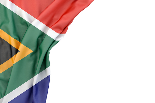 Flag of the Republic of South Africa in the corner on white background. Isolated, contains clipping path